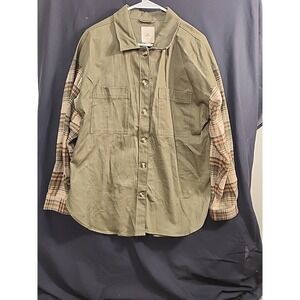 Thread & Supply Women's Shacket Jacket Top 100% Cotton Size L Olive Tan Plaid
